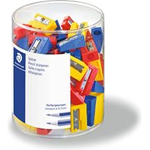 Bild für Staedtler Kunststoffspitzer 510 50, Anspitzer für Stifte bis 8,2 mm Ø, 100 Stück, farbig sortiert (gelb, rot, blau)