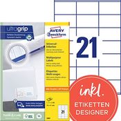 AVERY Zweckform 3481 Adressaufkleber (2.100 Klebeetiketten, 70x41mm auf A4, Papier matt, bedruckbare Absenderetiketten, selbstklebende Adressetiketten mit ultragrip) 100 Blatt, weiß