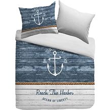 Bild für Sognamo Baumwollbettwäsche Skjern 135x200 cm + 80x80 I Reißverschluss I Anker I Maritim I Wendebettwäsche