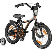 PROMETHEUS BICYCLES Kinderfahrrad 16 Zoll ab 5 Jahren - Mädchen Jungen Fahrrad mit Stützräder Rücktrittbremse in Schwarz Matt Orange