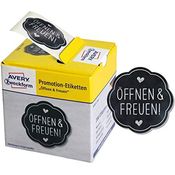 AVERY Zweckform 200 Aufkleber Öffnen und Freuen (Made in Germany, Ø38 mm, schwarze Geschenkafukleber silberne Schrift, selbstklebende Geschenkdeko, Karten, Tüten, Gutscheine) Sticker auf Rolle, 3845