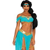 Leg Avenue Verzauberte Jeannie, 4-teilige Damenkostüm mit schulterfreiem Wickel-Crop-Top und goldenen Applikationen, Größe S