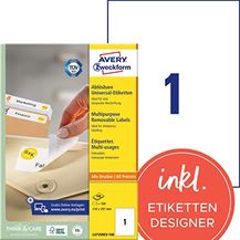 Bild für AVERY Zweckform L4735REV-100 Universal Etiketten (100 Klebeetiketten, 210x297mm auf A4, wieder rückstandsfrei ablösbar/abziehbar, individuell bedruckbare, selbstklebende Aufkleber)
