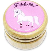 Bild für Milchzahndose, Zahndose Milchzähne Bilderdose aus Holz mit Drehverschluss in diversen Motiven für Jungen und Mädchen mit Drehverschluss 44 mm (Einhorn)