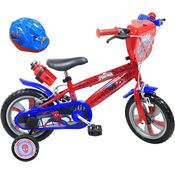 Velo Kinderfahrrad, 12 Zoll, 2 bis 4 Jahre, mit 2 Bremsen, Kanister & Flaschenhalter, dekorative Vorderplatte, 2 Stabilisatoren + Helm Spiderman, für Jungen, Rot, 12 Zoll