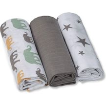 Bild für GRÜNSPECHT Mullwindeln 70x70cm aus 100 % Baumwolle, Spucktücher, ohne optische Aufheller, hautfreundlich & saugstark, 3 Stück, grau, Sterne, Elefanten (1500-V5)