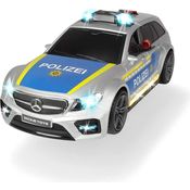 Dickie Toys 203716018 Mercedes-AMG E43 Polizeiauto, Polizei, Motor. Spielzeugauto, Heckklappe öffnet per Knopfdruck mit Hundegebell-Soundeffekt, inkl. Batterien, 30 cm, Silber/blau