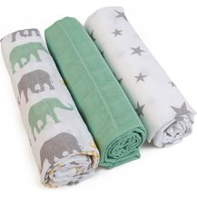 Bild für GRÜNSPECHT Mullwindeln 70x70cm aus 100 % Baumwolle, Spucktücher, ohne optische Aufheller, hautfreundlich & saugstark, 3 Stück, grün, Sterne, Elefanten (1500-V4)