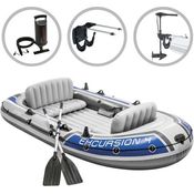 Schlauchboot Intex Set Excursion 4 mit Trolling-Motor und Halterung grau-blau 315 cm