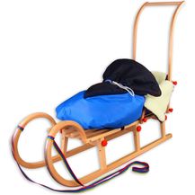 Bild für Hörnerschlitten Klappschlitten Rodelschlitten aus Holz V-21-125 mit Schubstange und Fußsack blau