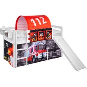 Lilokids 'Jelle' Spielbett 90x200 cm, Feuerwehr, Kiefer massiv, mit Rutsche und Vorhang