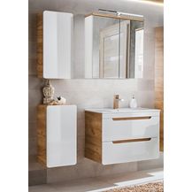 Bild für Badmöbel Set in weiß Hochglanz mit Wotan Eiche Nb. LUTON-56 Keramik-Waschtisch und LED-Spiegelschrank B/H/T ca. 131/195/46 cm