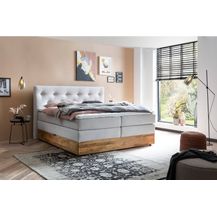 Bild für Belanoti MARBO Boxspringbett 160x200 mit Bettkasten 7-Zonen Taschenfederkern Matratze inklusive Visco Topper Bett 160x200 Eiche in der Farbe Weissgrau H2/H3 Polsterbett mit Massivholz Eiche