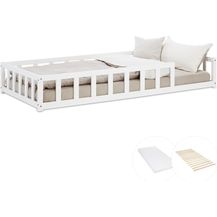 Bild für Kinderbett 90x200 mit Matratze Bodenbett mit Rausfallschutz Montessori Bett Kleinkindbett Holz Massiv Weiß Einzelbett Lattenrost