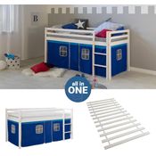 Homestyle4u Hochbett mit Lattenrost, Blau, Kiefernholz weiß, 90x200 cm