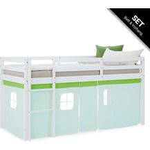 Bild für Hochbett Kinder 90x200 cm Kinderbett Kinderhochbett Stockbett Vorhang Grün Leiter Holz Massiv