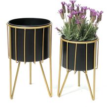 Bild für DanDiBo Blumenhocker mit Topf Metall Gold Schwarz Rund 2er Set Blumenständer 96039 Blumensäule Modern Pflanzenständer Pflanzenhocker