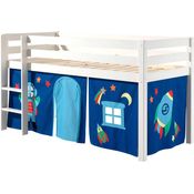 Spielbett Pino mit Textilset Vorhang "Astro", Kiefer massiv weiß lackiert