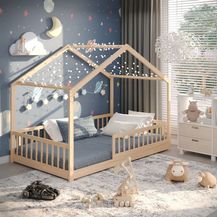 Bild für CADANI Kinderbett Malte Hausbett Bodenbett Rausfallschutz abnehmbar bis 200 kg belastbar (120x200 cm, Montessori Kinder- & Jugendbett aus Kiefer Massivholz)
