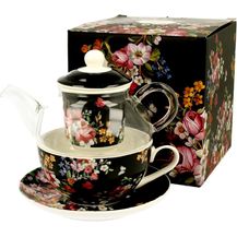 Bild für DUO FLORAL Tasse mit Teekanne VINTAGE FLOWERS BLACK Glas