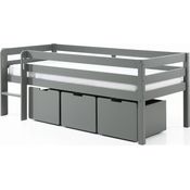 Kojen-Spielbett mit Liegefläche 90x200 cm, inkl. Leiter, Rolllattenrost und 3 Schubkästen, Kiefer und MDF grau lackiert