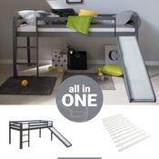 Homestyle4u Hochbett mit Rutsche, Lattenrost, Kiefernholz, 90x200 cm, grau