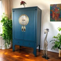 Bild für Chinesischer Hochzeitsschrank stahlblau vintage verziert Schrank Kommode Sideboard Lowboard asiatisch orientalisch Fernost shabby-chic Landhaus