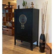 Bild für Chinesischer Hochzeitsschrank schwarz Vintage-Look verziert Schrank Kommode Sideboard Lowboard asiatisch orientalisch Fernost shabby-chic Landhaus