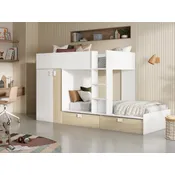 Vente-unique - Etagenbett mit Kleiderschrank + Matratzen - 2x 90 x 190 cm - Weiß & Naturfarben - JUANITO