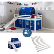 Homestyle4u Spielbett mit Lattenrost, Rutsche und Tunnel Stockbett, blau, Kiefernholz weiß, 90x200 cm