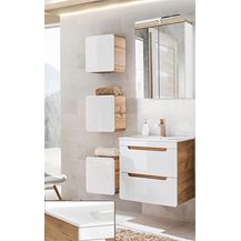 Bild für Badmöbel Set Hochglanz weiß mit Wotan Eiche Nb. LUTON-56 mit 61 cm Waschtisch und LED-Spiegelschrank