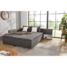 Bild für Ecksofa-Dauerschläfer Doppelbett Federkern Bettkasten Couch Cord Dunkelgrau