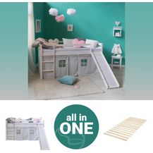 Bild für Hochbett mit Lattenrost 90x200 Rutsche Stockbett Weiß Kinderbett Holz Kiefer Vorhang grau Sterne