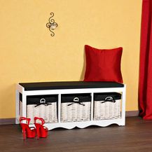 Bild für 100cm Sitzbank mit 3 Körben Holzbank Sitztruhe Kissen Weiß Truhenbank