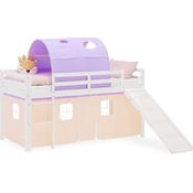 Hochbett Kinder 90x200 cm mit Rutsche Kinderbett Kinderhochbett Stockbett Vorhang Tunnel Lila Peach Holz Massiv