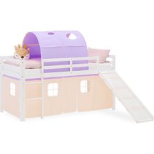 Bild für Hochbett Kinder 90x200 cm mit Rutsche Kinderbett Kinderhochbett Stockbett Vorhang Tunnel Lila Peach Holz Massiv