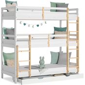 Kinderbett Etagenbett 90x200 cm Dreifachbett Hochbett mit Bettkasten Weiß Holz Natur Stockbett Spielbett