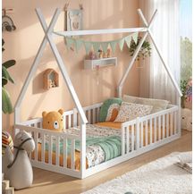 Bild für Alavya Home® Hausbett Bodenbett SKY aus Buche – FSC® 100% zertifiziert (Exklusives Beech Wood Bett – Top-Preis!, Hausbett 80x160 cm mit Rausfallschutz & Lattenrost Kinderbett 80x160)