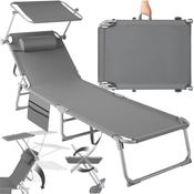 tectake® Sonnenliege klappbar, tragbar, Liege mit Seitentasche, Strandliege, Gartenliege mit Dach, Liegestuhl mit Verstellbarer Rückenlehne, inkl. Kopfkissen - für Balkon, Terrasse, Camping - grau