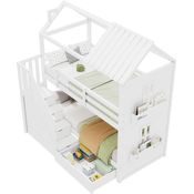 Merax Kinder-Etagenbett, 90*200cm, Multifunktionales Kinderbett, mit Stauraumtreppe & Schubladen & Regalen, Extra großer Stauraum, Ohne Matratze, Kiefer + MDF, Weiß