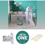 Hochbett mit Lattenrost 90x200 Turm Rutsche Stockbett Kinderbett Holz Kiefer Vorhang grau Sterne