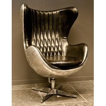 Bild für Casa Padrino Art Deco Lounge Chair Drehstuhl Sessel Aluminium / Echt Leder Schwarz Ei-Form