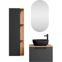 Bild für Planetmöbel Badmöbel-Set Astra, (Waschtisch mit Waschbecken schwarz & Spiegel und 1x Midischrank, 4-St)