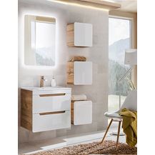 Bild für Badmöbelset Hochglanz weiß mit Wotan Eiche Nb. LUTON-56 mit 61 cm KeramikWaschtisch & LED-Spiegel