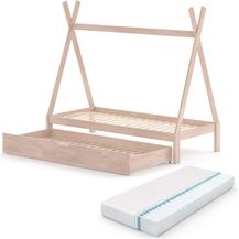 Bild für VitaliSpa Kinderbett Tipi Hausbett Natur Bett Kinderhaus Zelt Bett Schublade 90x200 cm inklusive Bettschublade und Matratze 90x200 cm