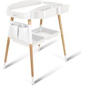 BabyGo Wickeltisch ChangeMe, Wickelkommode aus Buchenholz mit seitlicher Ablage und mobilen Rädern, weiss