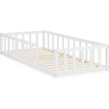 Bild für Kinderbett 90x200 Bodenbett mit Rausfallschutz Montessori Bett Kleinkindbett Holz Massiv Weiß Einzelbett Lattenrost Bettgestell
