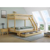 Doppel-Etagenbett 140x200 und 90x200 Erwachsenen-Stockbett Kiefer Massivholz natur V-60.18-09-14Rollrost und Bettkasten inkl.