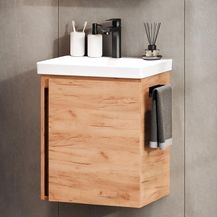 Bild für Planetmöbel Waschtischunterschrank 50 cm Gold Eiche mit Armatur Schwarz