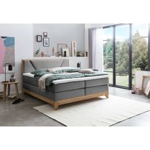 Bild für Belanoti Riviera Boxspringbett 180x200 Eiche 7-Zonen Taschenfederkern Matratze inkl Visco Topper Bett 180x200 in der Farbe Anthrazit H2/H3 Polsterbett Hotelbett mit Massivholz Eiche Massivholzbett